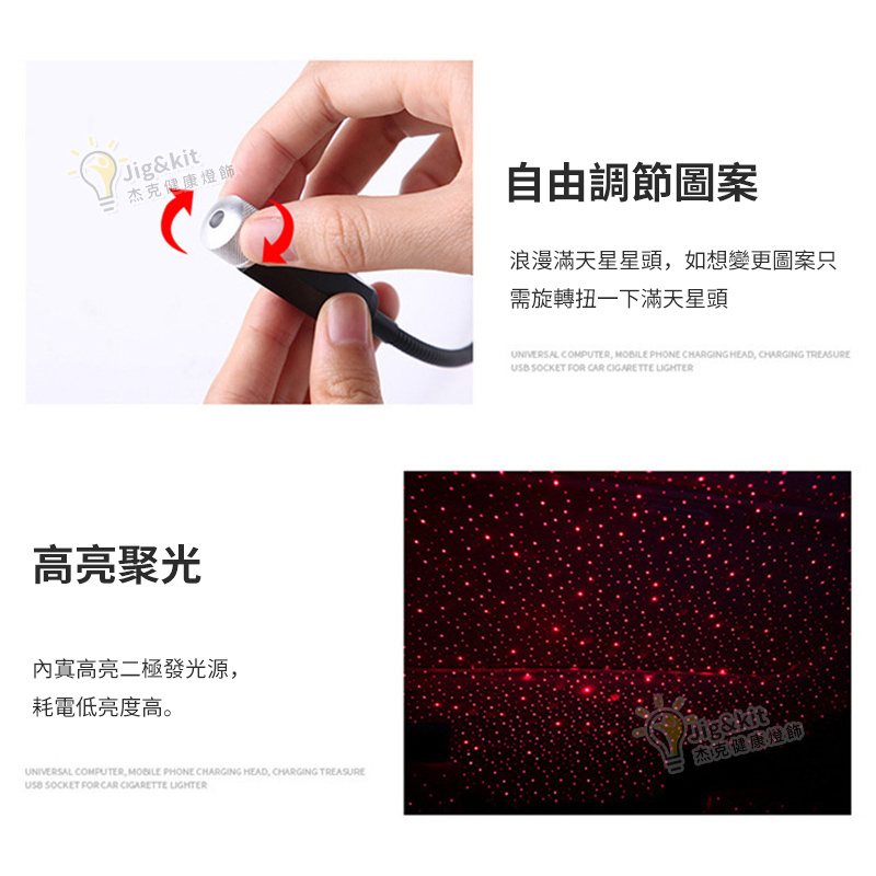 杰克-汽車星空頂燈丨改裝車頂棚滿天星USB車內氛圍燈丨車載裝飾燈 丨 紅光 +塑膠殼+普亮（3180）
