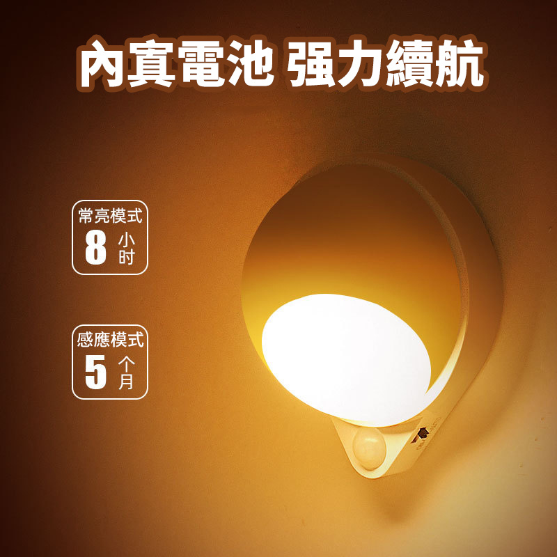 智能人體感應小夜燈丨充電家用創意樓道臥室樓梯間丨360度旋轉床頭燈 丨充電旋轉款-黃光感應+常亮（7113）