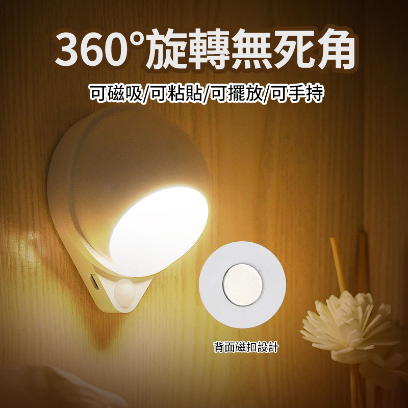 智能人體感應小夜燈丨充電家用創意樓道臥室樓梯間丨360度旋轉床頭燈 丨充電旋轉款-黃光感應+常亮（7113）