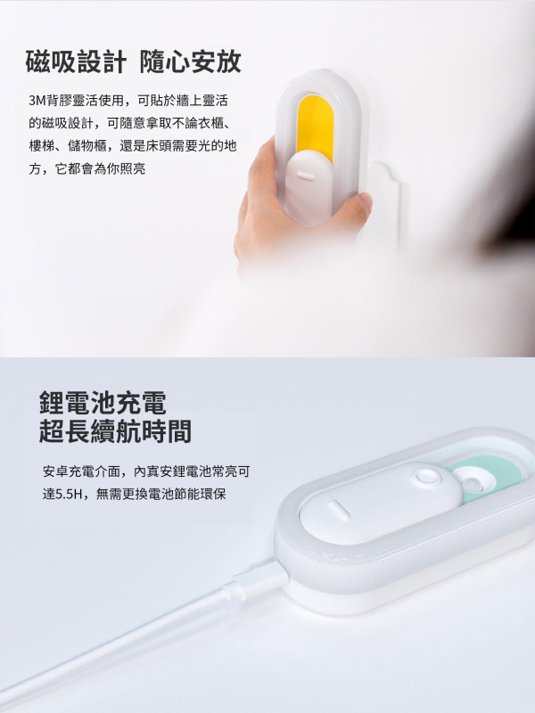 杰克-智能開關人體感應夜燈丨衣櫃壁櫥led感應燈丨充電臥室起夜餵奶床頭燈 丨黃色（7118）