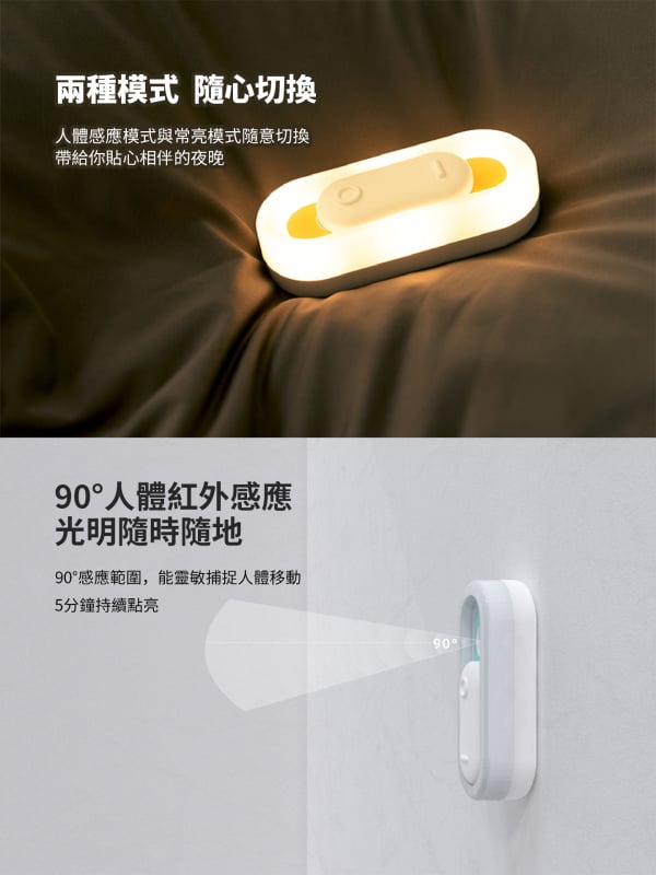 杰克-智能開關人體感應夜燈丨衣櫃壁櫥led感應燈丨充電臥室起夜餵奶床頭燈 丨黃色（7118）