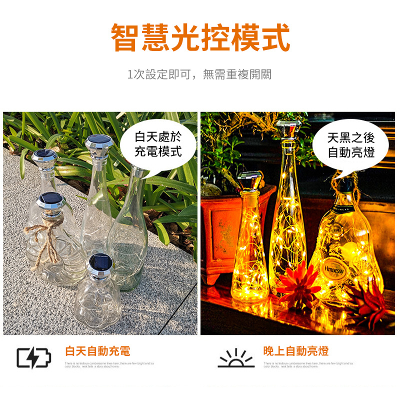 太陽能鑽石瓶塞燈串丨裝飾燈丨小夜燈丨節日聚會銀線銅線燈串丨6個裝配膠套+麻繩丨暖白2米20燈（7127）