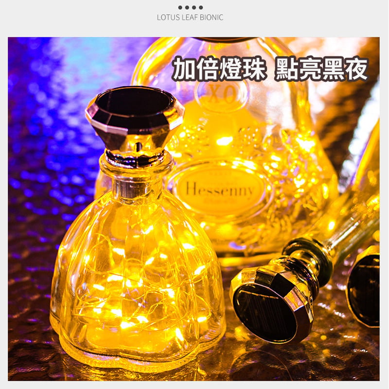 太陽能鑽石瓶塞燈串丨裝飾燈丨小夜燈丨節日聚會銀線銅線燈串丨6個裝配膠套+麻繩丨暖白2米20燈（7127）