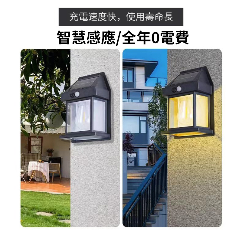 戶外太陽能燈丨鎢絲壁燈丨庭院感應燈丨花園別墅小夜燈丨照明防水丨黑色（7130）
