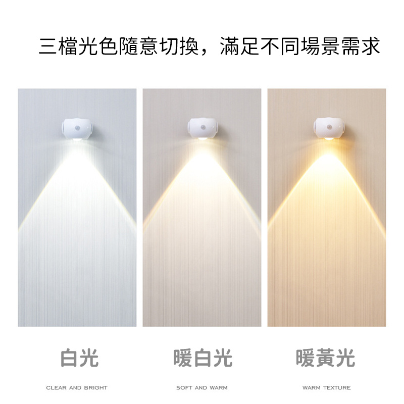 人體感應燈丨無線落日燈丨過道樓道走廊入戶牆壁燈丨充電電池兩用式小夜燈 丨充電電池雙用丨三色光白殼（7133）