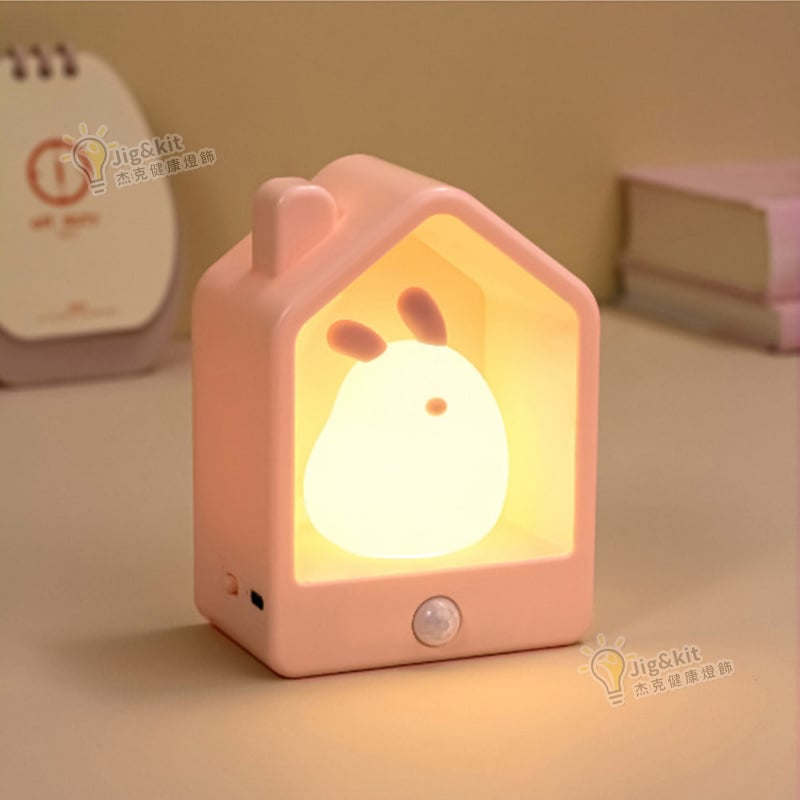 智能人體感應小夜燈丨USB充電氛圍床頭燈丨led創意矽膠感應燈丨窩窩居感應燈丨粉兔（7139）