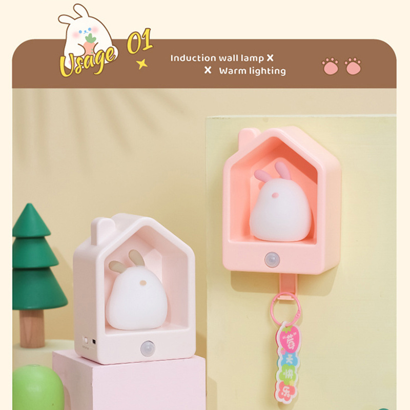智能人體感應小夜燈丨USB充電氛圍床頭燈丨led創意矽膠感應燈丨窩窩居感應燈丨粉兔（7139）