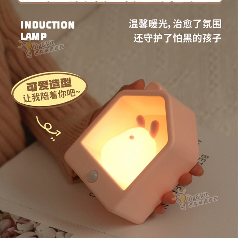 智能人體感應小夜燈丨USB充電氛圍床頭燈丨led創意矽膠感應燈丨窩窩居感應燈丨粉兔（7139）