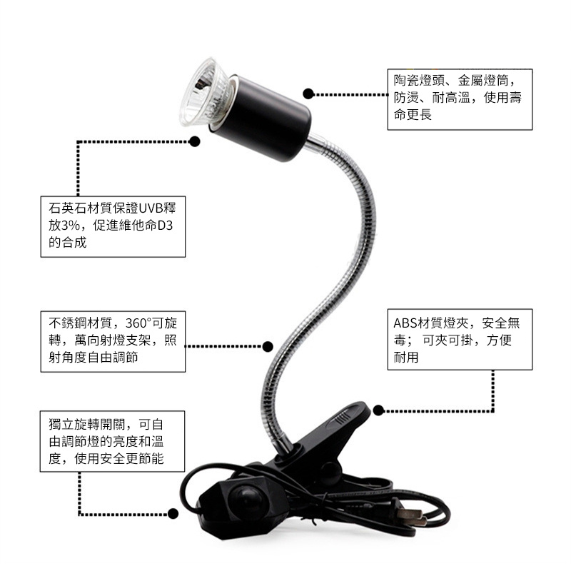 烏龜曬背燈燈架 | 爬寵燈支架 | 帶夾子爬蟲萬向燈架-黑色 英規定時開關（1.8米）+加熱燈（8112）