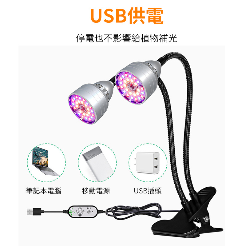 夾子LED植物燈丨智能五檔調光丨多肉補光燈丨迴圈記憶植物生長燈USB 丨 二頭（定時+遙控）丨USB-全光譜（8127）