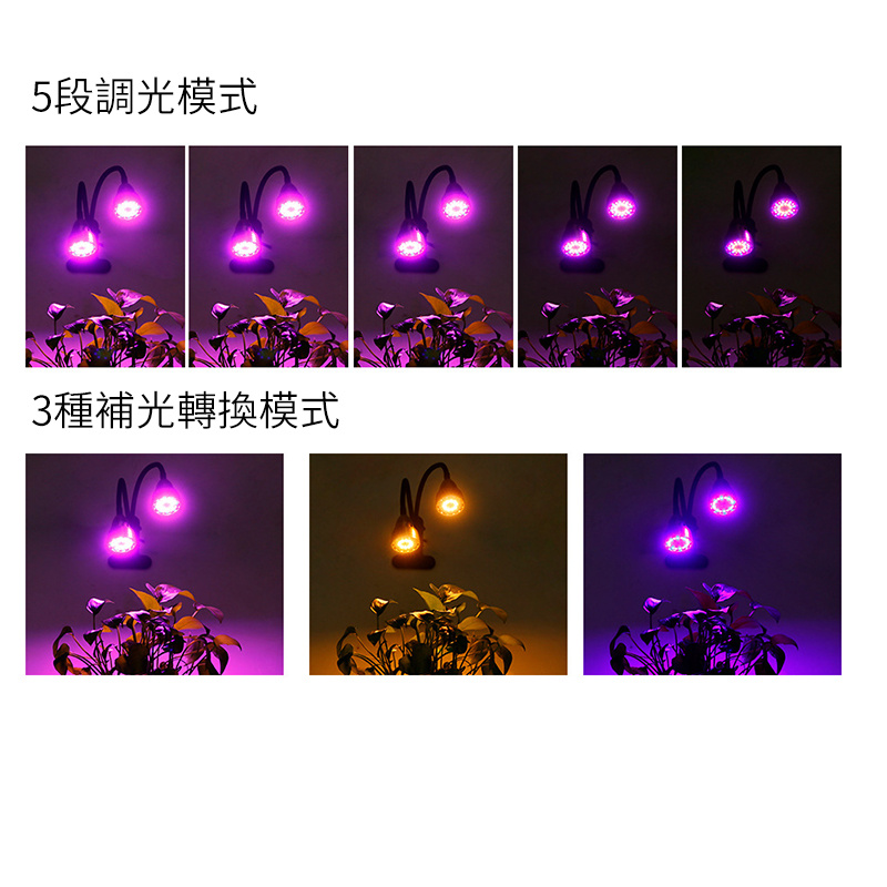夾子LED植物燈丨智能五檔調光丨多肉補光燈丨迴圈記憶植物生長燈USB 丨 二頭（定時+遙控）丨USB-全光譜（8127）