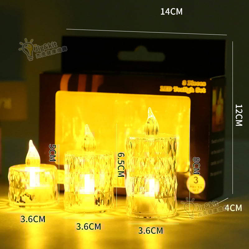 透明水晶蠟燭燈 | LED電子蠟燭 | 小茶蠟酒吧裝飾燈 | 生日禮品亞克力蠟燭 -三只裝（3184）