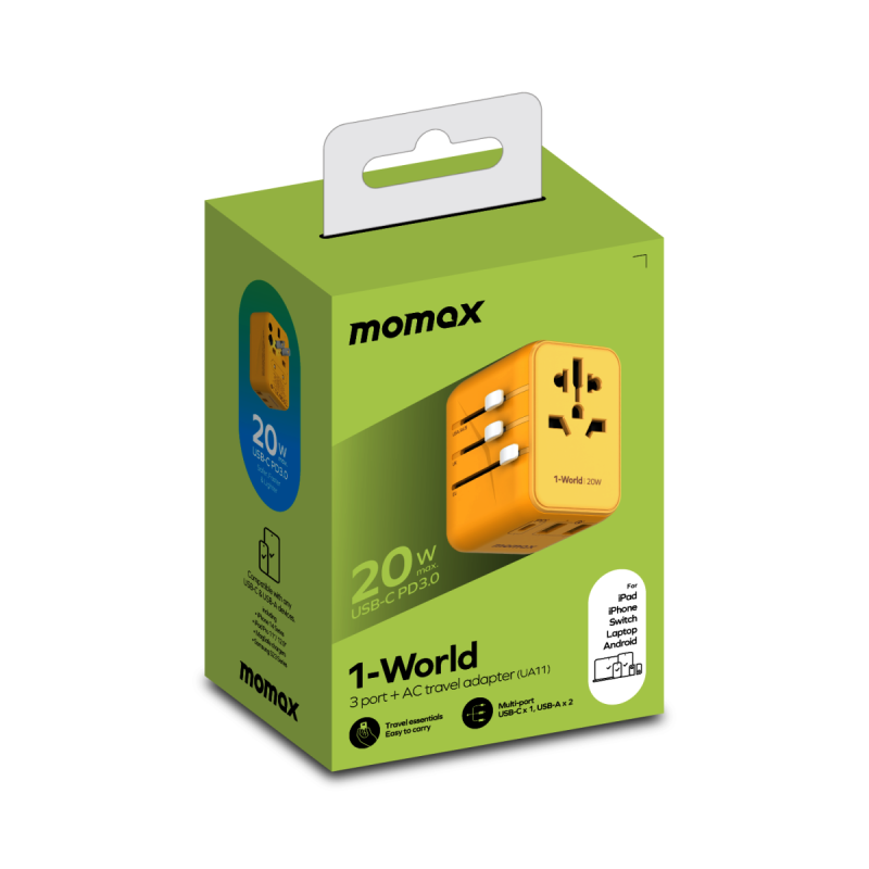 1-World 20W 3-插口+AC 旅行充電插座 黃色 UA11（UA11）