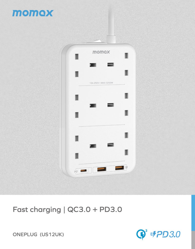 快充PD20W 6+3位 丨防雷耐用拖板 &nbsp; | 快速充電 ONEPLUG 防雷拖板丨排插 丨電源插座丨 萬能插蘇丨USB充電 (US12)