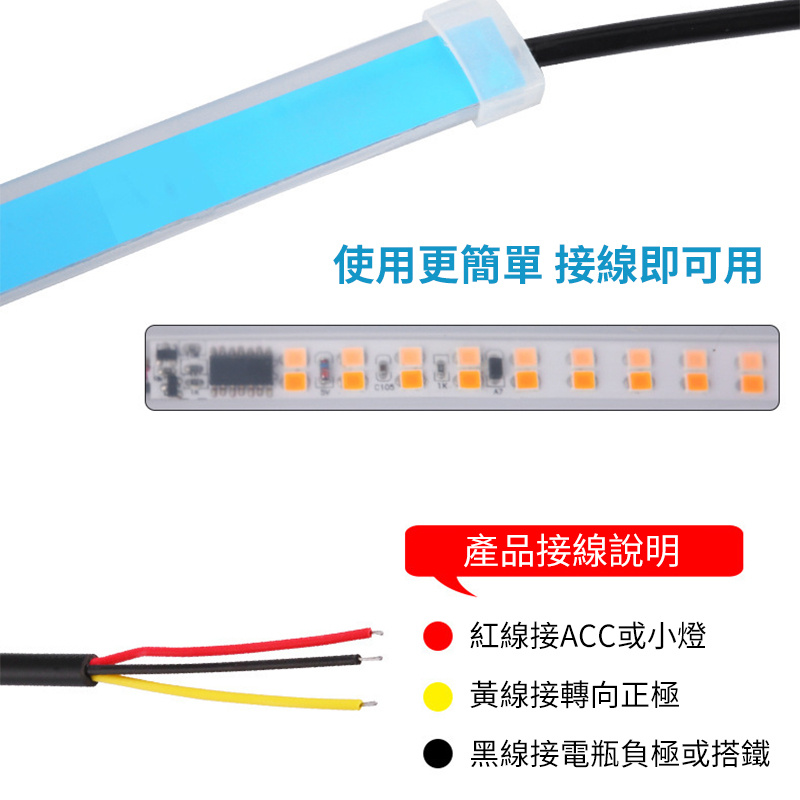杰克-日行燈軟矽膠丨自行車轉向黃光流水汽車日行燈 丨30CM 掃描冰藍光+黃光流水 丨2條 DC 12V（1196）