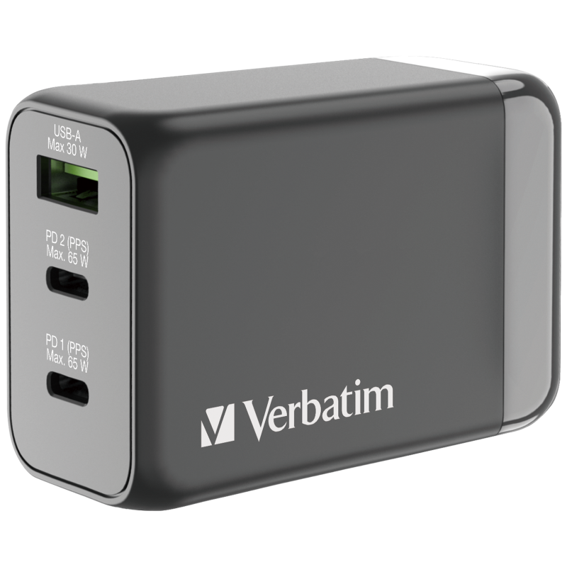 Verbatim 威寶 3 端口 65W PD 3.0 和 QC 3.0 GaN旅行充電器 66963