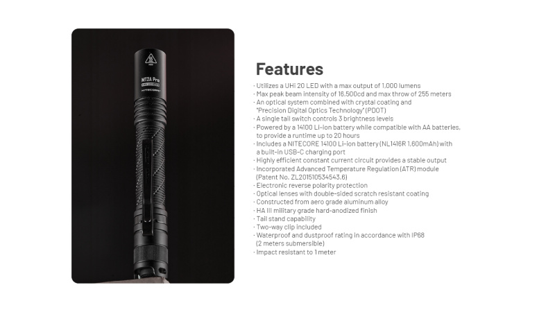 Nitecore MT2A Pro UHi20 LED 1000lm USB-C充電 電筒