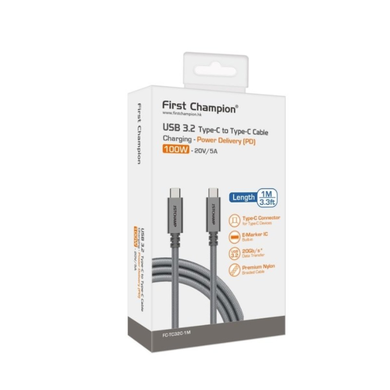 First Champion USB 3.2 Type-C 至 Type-C 高速數據充電線 100cm - 灰色