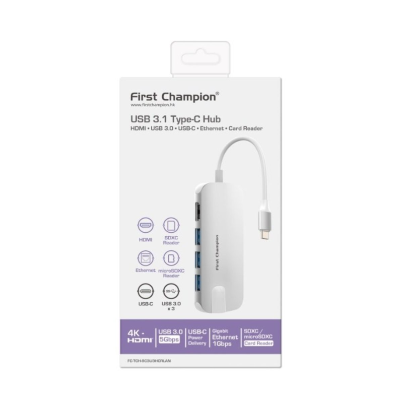 First Champion 8合1 USB Type-C 集線器 (HDMI, USB, USB-C, Card Reader, 乙太網口) 8C3U3HCRLAN