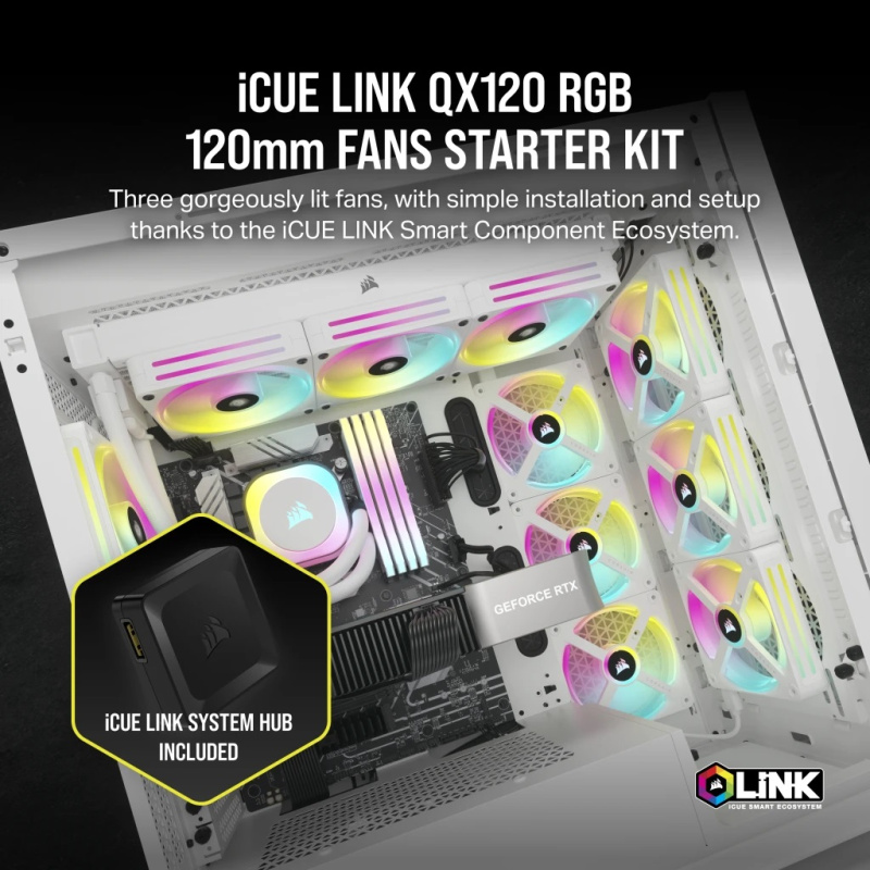 CORSAIR iCUE LINK QX120 RGB 120mm PWM PC Fans Starter Kit with iCUE LINK System Hub (Triple Pack) ( BLACK / WHITE )