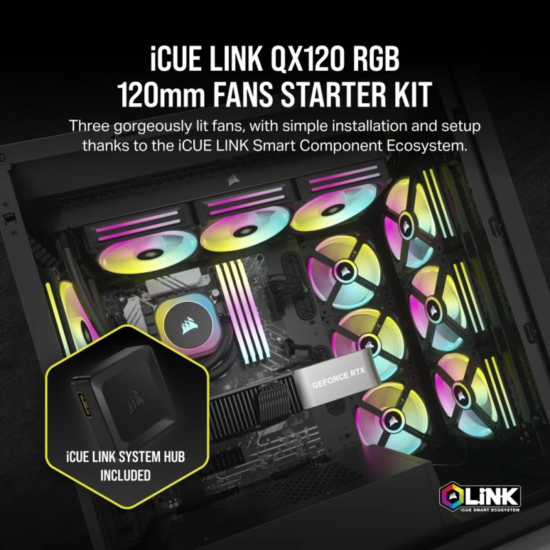 CORSAIR iCUE LINK QX120 RGB 120mm PWM PC Fans Starter Kit with iCUE LINK System Hub (Triple Pack) ( BLACK / WHITE )