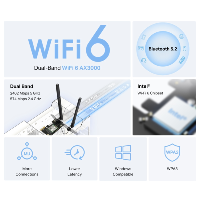 MERCUSYS MA80XE AX3000 Wi-Fi 6 Bluetooth 5.2 PCIe Adapter