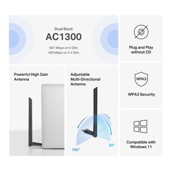 MERCUSYS MA30H  AC1300 高增益無線雙頻 USB 網卡