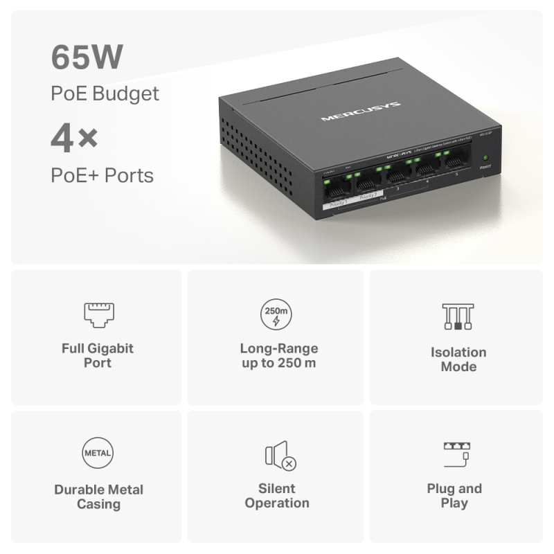 MERCUSYS MS105GP  5 埠 Gigabit 桌上型交換器(含 4 埠 PoE+)