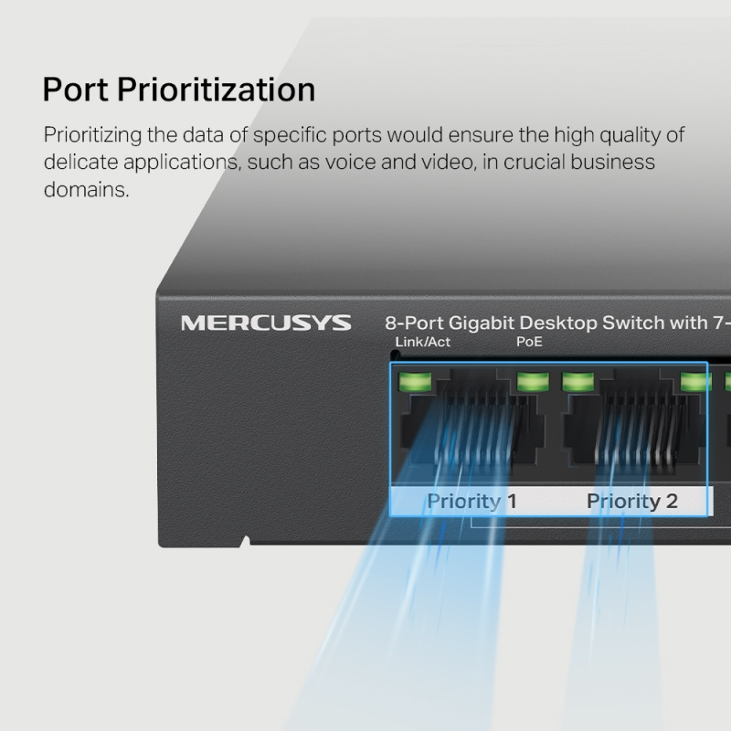 MERCUSYS MS108GP  具有 7 個 PoE+連接埠的8 Gigabit 埠桌上型交換器