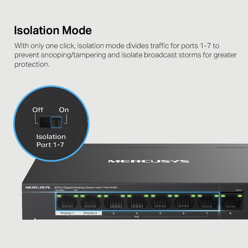 MERCUSYS MS108GP  具有 7 個 PoE+連接埠的8 Gigabit 埠桌上型交換器