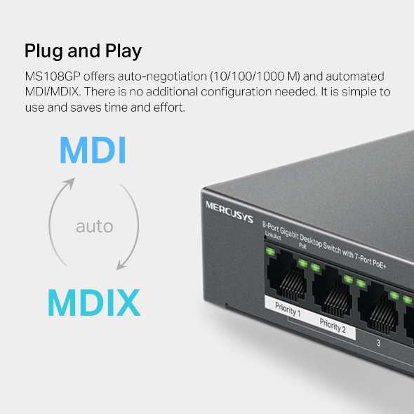 MERCUSYS MS108GP  具有 7 個 PoE+連接埠的8 Gigabit 埠桌上型交換器