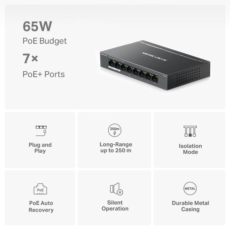 MERCUSYS MS108GP  具有 7 個 PoE+連接埠的8 Gigabit 埠桌上型交換器