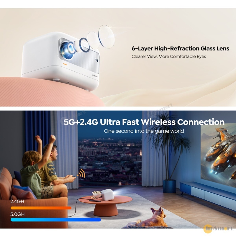 Yaber - L1 1080P 智能迷你投影機, 立體聲揚聲器, 200 ANSI 流明, Wi-Fi 6, 藍牙V5.2, AOSP Android