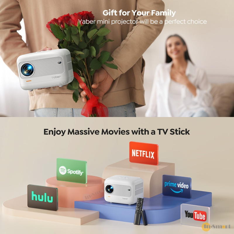 Yaber - L1 1080P 智能迷你投影機, 立體聲揚聲器, 200 ANSI 流明, Wi-Fi 6, 藍牙V5.2, AOSP Android