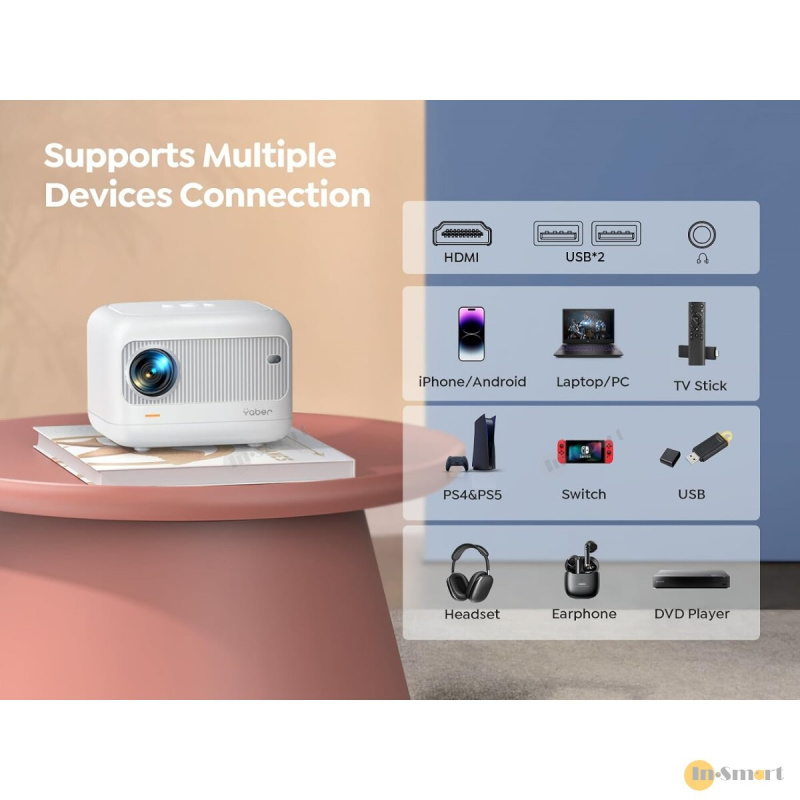 Yaber - L1 1080P 智能迷你投影機, 立體聲揚聲器, 200 ANSI 流明, Wi-Fi 6, 藍牙V5.2, AOSP Android