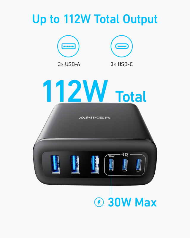Anker Charger (112W, 6 Ports) Gan 3C3A 6輸出桌上充電器 A2154 Anker Charger (112W, 6 Ports) Gan 3C3A 6輸出桌上充電器 A2154