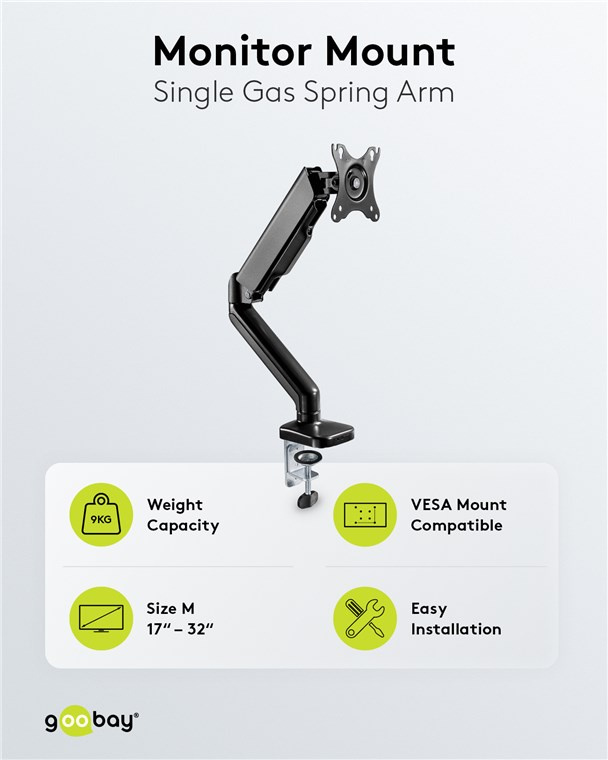 Goobay Monitor Mount Single Gas Arm 座檯單顯示屏氣壓搖臂支架 17-32吋 (可鑽孔/夾檯式安裝) 58530