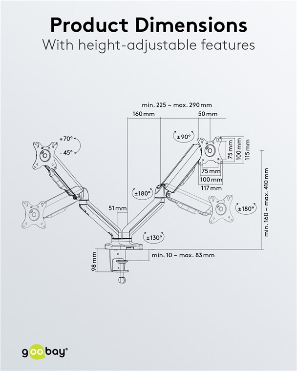 Goobay Monitor Mount Dual Gas Arm 座檯雙顯示屏氣壓搖臂支架 17-32吋 (可鑽孔/夾檯式安裝) 58531