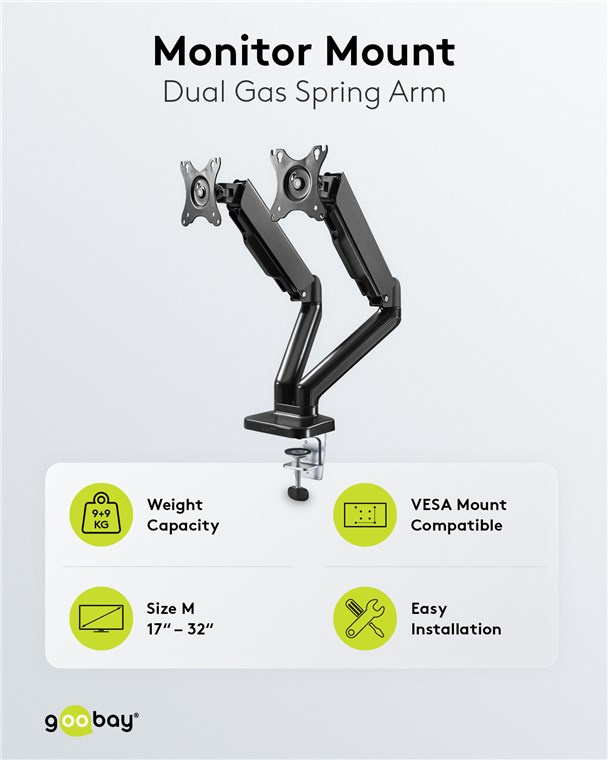 Goobay Monitor Mount Dual Gas Arm 座檯雙顯示屏氣壓搖臂支架 17-32吋 (可鑽孔/夾檯式安裝) 58531