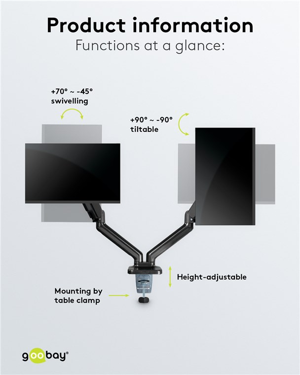 Goobay Monitor Mount Dual Gas Arm 座檯雙顯示屏氣壓搖臂支架 17-32吋 (可鑽孔/夾檯式安裝) 58531
