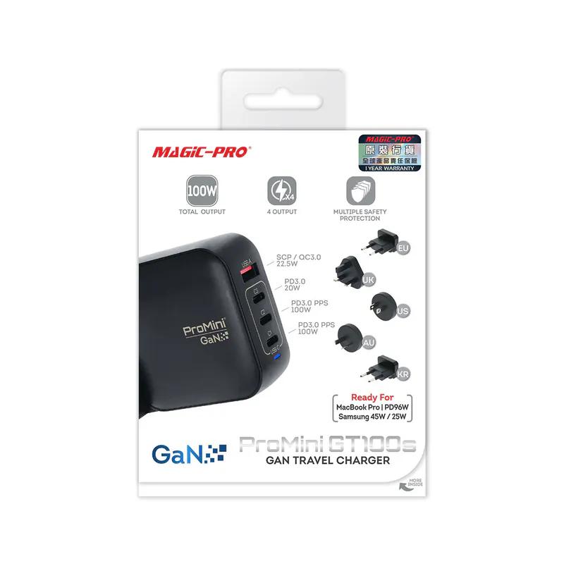 Magic-Pro ProMini GT100s Tri-PD + QC GaN 100W旅行快速充電器
