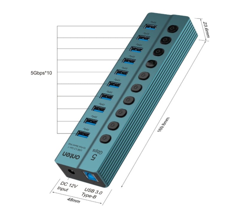 Onten 10-Port USB Hub USB3.2 Gen 1 with Independent On/Off Switch OTN-5308