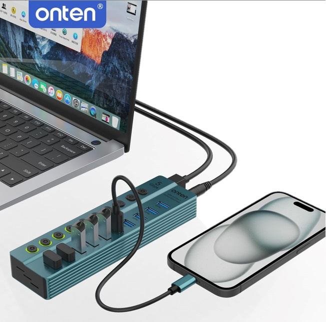 Onten 10-Port USB Hub USB3.2 Gen 1 with Independent On/Off Switch OTN-5308
