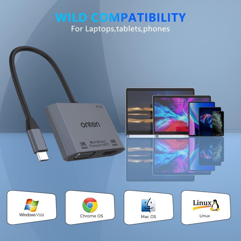 TYPE-C (USB-C) to HDMI 4k@60Hz and VGA + PD Adapter