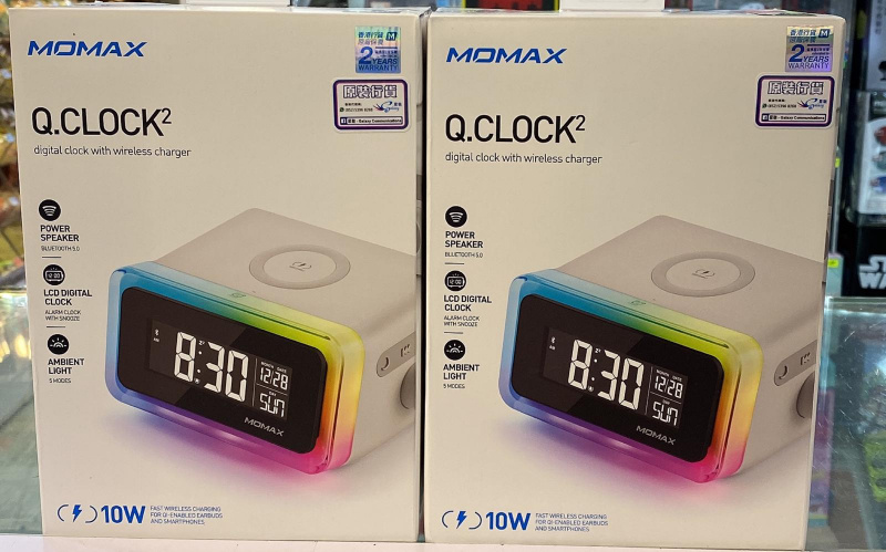 Momax Q.CLOCK 2 幻彩鬧鐘藍牙無線充電座(多合一藍牙音箱、幻彩氣氛燈、無線充電、鬧鐘) QC2UKW 香港行貨