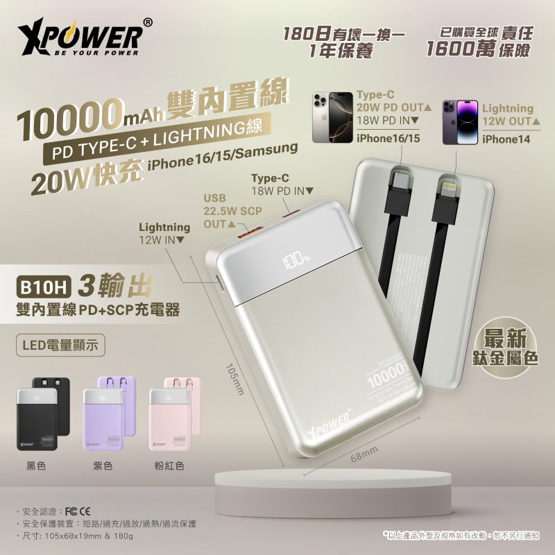 XPower 3輸出雙內置線Type-C PD/Lightning 10000mAh PD+SCP充電器 B10H XPower 3輸出雙內置線Type-C PD/Lightning 10000mAh PD+SCP充電器 B10H