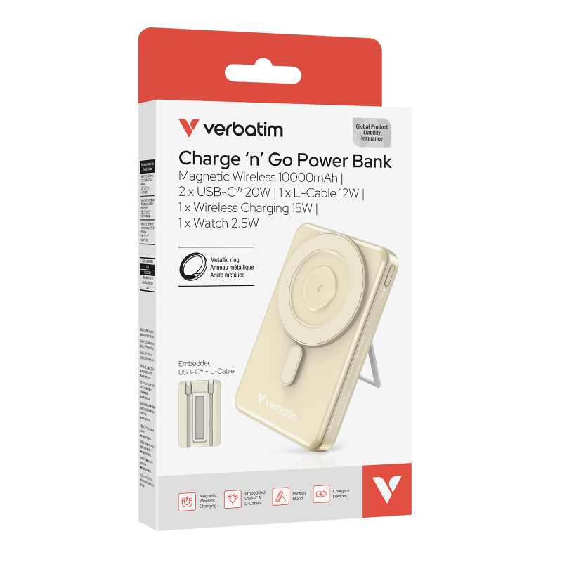 Verbatim Charge 'n' Go Power Bank Magnetic Wireless Charging 10000mAh 5-in-1 Stand 磁吸無線流動充電池 32221 / 32222 / 32233 Verbatim Charge 'n' Go Power Bank Magnetic Wireless Charging 10000mAh 5-in-1 Stand 磁吸無線流動充電池 32221 / 32222 / 32233