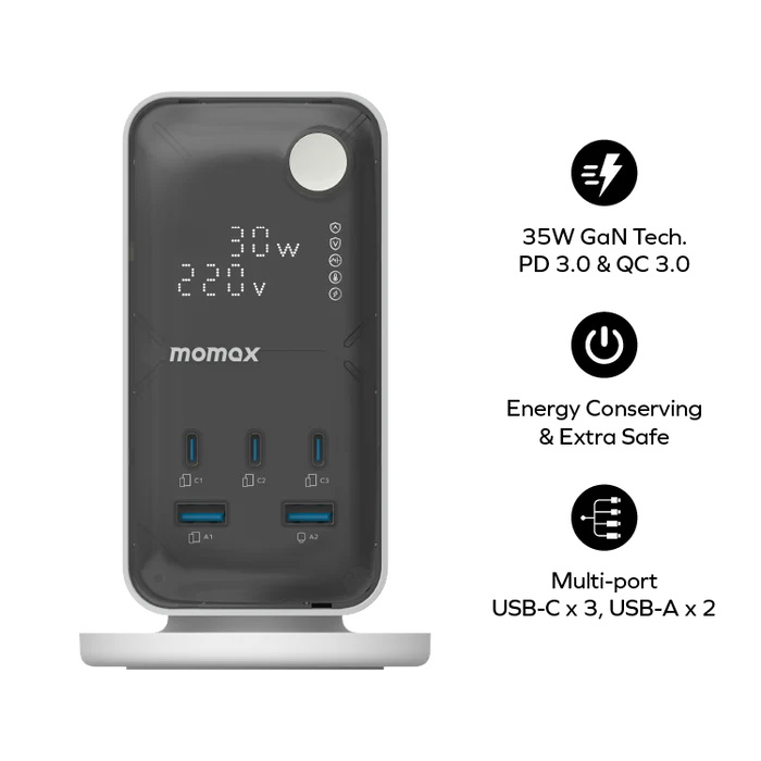 Momax 1-Charge Work-Flow 6 插座數位顯示電源盒 附 USB（US21UKW）
