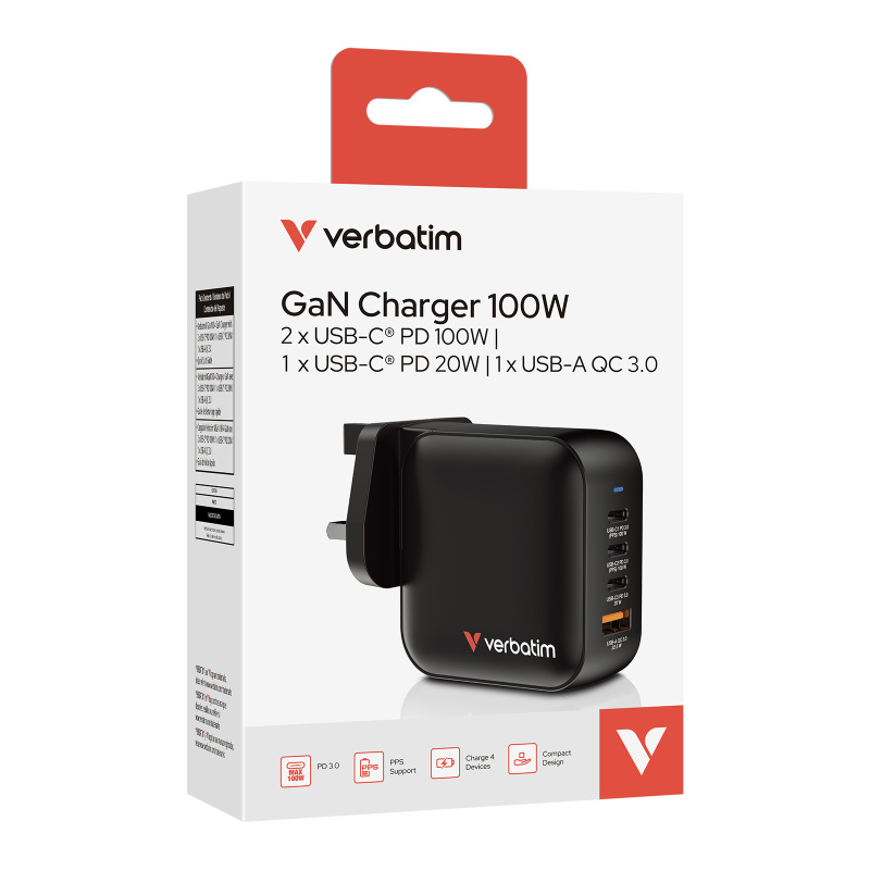 Verbatim GaN Charger 100W 4 Ports PD & QC 3.0 4端口快速充電器 32058
