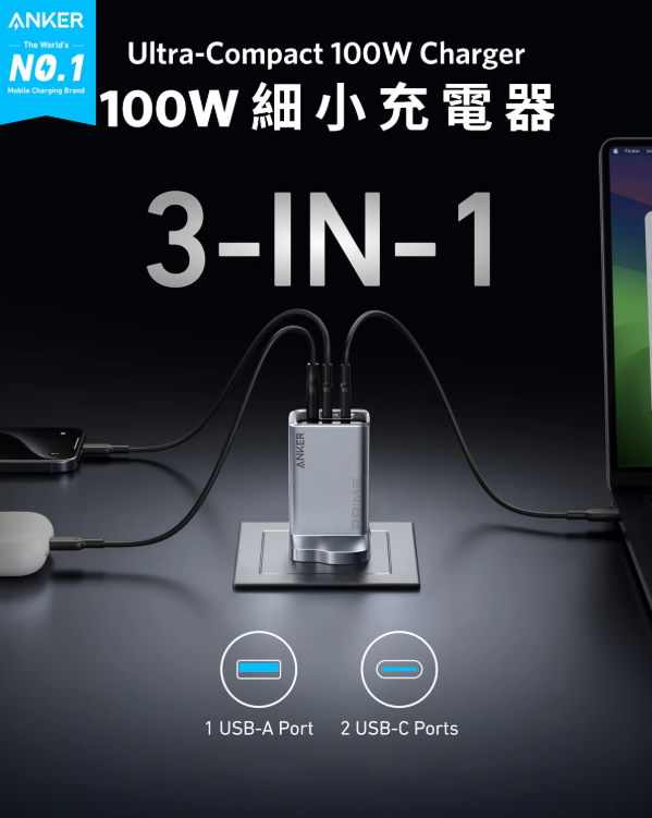 Anker 100W Prime Charger 可摺疊插頭3輸出GaN牆插充電器 A2688